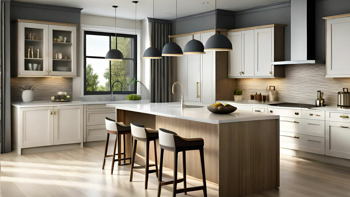 modern kitchen with white cabinets and dark walls